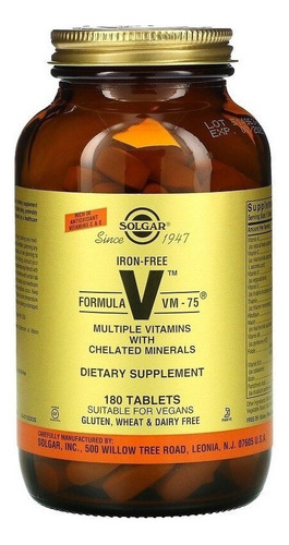 Solgar | Formula V | Vm-75 | Iron Free | 180 Tablets | Usa