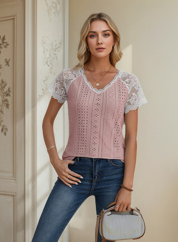 Camiseta Informal Con Cuello En V Y Panel Encaje Con Ojales