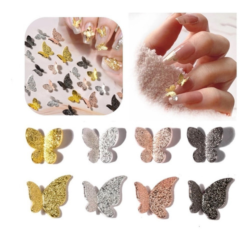 Strass Para Uñas Mariposas 3d Dorado Y Plateado Decoracion 