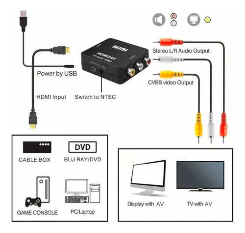 Adaptador Hdmi A Rca Av 1080p Convertidor De Audio Y Video Negro