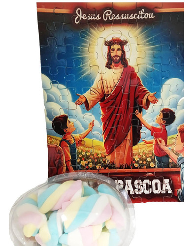 Presente Páscoa Marshmallow Colorido + Quebra-cabeça Jesus