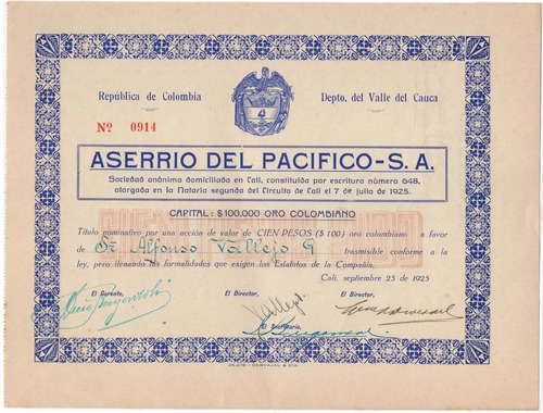 100 Pesos Acción Compañía Aserrío Del Pacífico S. A. 1925