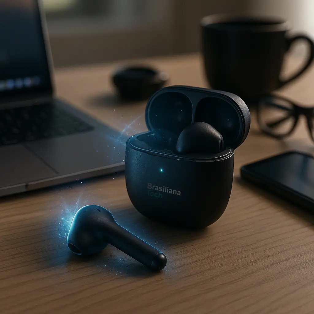 Fone De Ouvido Sem Fio Tws Bluetooth 5.1 Cancelamento Cvc Chamadas Hd Modo Jogo Baixa Latência Bateria Longa Estojo Magnético Controle Touch Som Premium Versão Avançada Cor Preto Brasiliana Tech