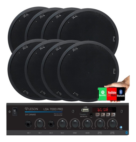 Kit Som Receiver 4 Canal 500w + 8 Caixas Teto/gesso Preto