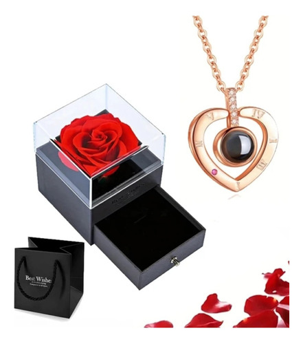 Flores Rosa Eterna Y Collar De Corazón Regalo Para Mujer