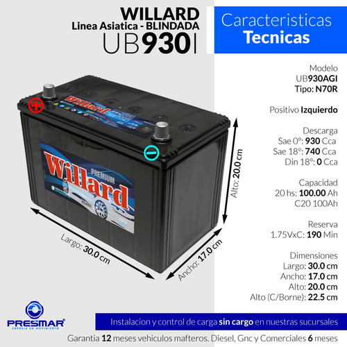 Imagen 2 de 10 de Bateria Auto Willard 12x90 Ub930i 12 Volt 90 Amper