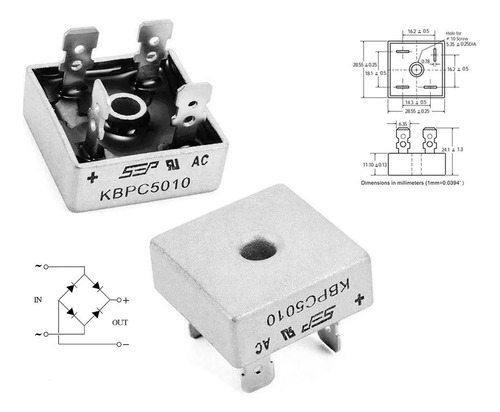 Imagen 3 de 3 de Puente De Diodos Rectificador 50a 1000v Kbpc5010 Kbpc 5010