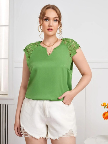 Blusa Verde Encaje En Mangas, Tallas Extras 2xl Y 3xl 