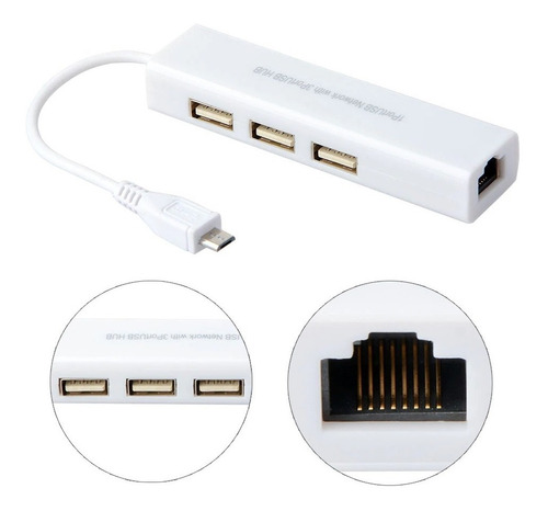 Imagen 3 de 6 de Mini Multi Hub Para Dispositivos Moviles En Oferta Especial Contiene Entrada V8 Y 3 Puertos Usb Ademas De Rj45 =)