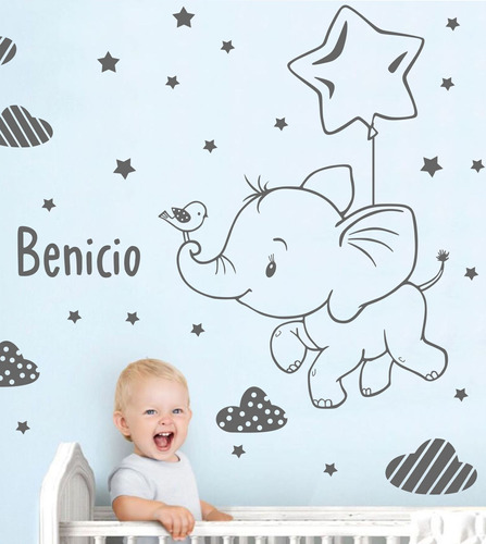 Vinilos Decorativos Infantiles Elefantito + Nombre Bebes 