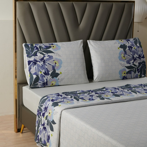 Juego Sabanas Estampadas Ultra Suave +funda Almohada Casatua Color King - Flores Azul Diseño De La Tela Liso