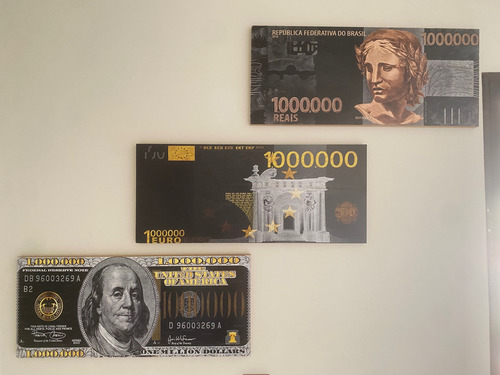 Quadro De 1 Milhão De Reais, Euro E Dólares Kit Com 3 Dourado Preto