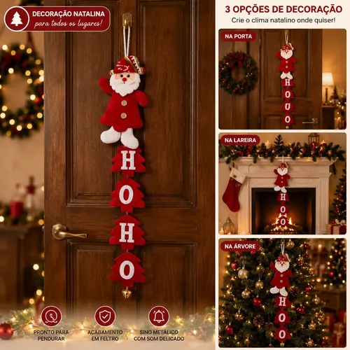 Guirlanda Papai Noel Ho Ho Ho Enfeite de Porta em Feltro Dec