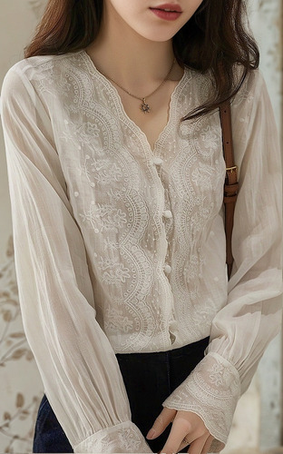 Camisa Francesa Flores Bordadas Encaje Mujer Blusa Cuello V