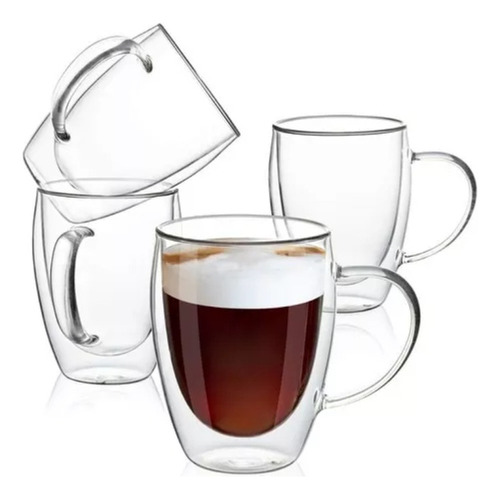 Premium Juego 4 Tazas Vidrio Doble 350ml Café Y Té Capuccino Color Transparente Doble Fondo