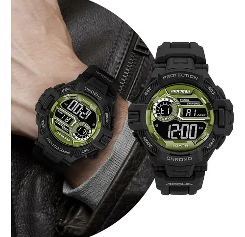 Relógio Masculino Digital De Pulso Com Pulseira De Silicone À Prova D' Água Preto E Verde Esportivo Surf Shock Com... Preto/verde