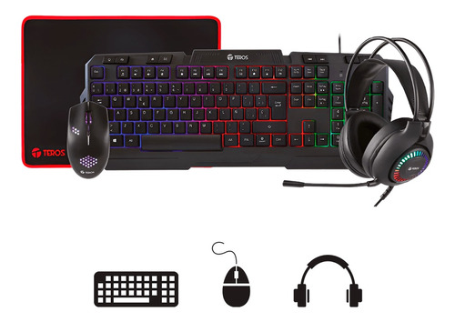 Kit Gamer Teros Audifono + Mouse + Teclado + Pad Mouse Negro