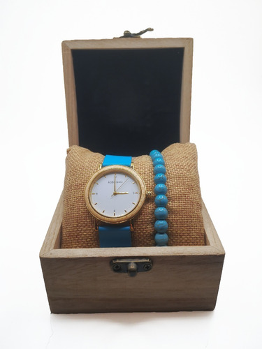 Reloj De Madera Mujer Minimalista Elegante Celeste + Pulsera