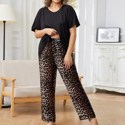 Conjunto De Pijama Con Estampado De Leopardo De Talla Grande