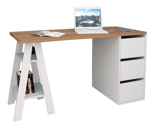 Escritorio Appunto  self con cajones mdp de 135cm x 76cm x 60cm  castaño y blanco