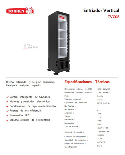Refrigerador Comercial Vertical Torrey Tvc-08 0° A 7°c Color Blanco