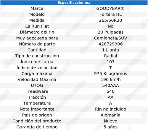 265/50r20 Llanta Goodyear Fortera Hl Rango 105s