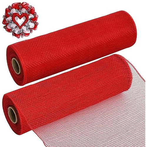 2 Rolls 10 Inch Red Decorative Mesh Ribbbon Rolls, Fabr...