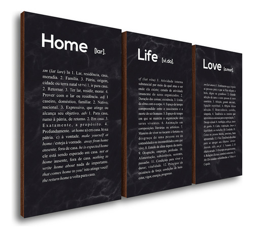 Kit 3 Quadros Decorativos Home Life Love 50x90cm Frases Cor Preto Cor da armação Marrom-escuro