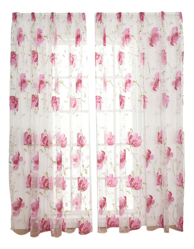 Cortina Rosa De Gasa Transparente Con Estampado De Flores, 1
