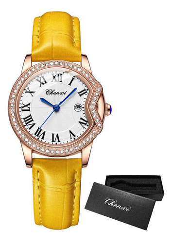 Relógios Impermeáveis Femininos Chenxi Diamond Leather Correia Amarelo