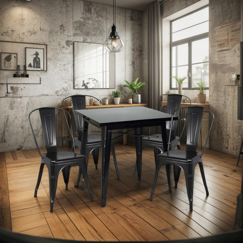 Comedor Mesa Tolix 80x80cm + 4 Sillas Tolix Negras
