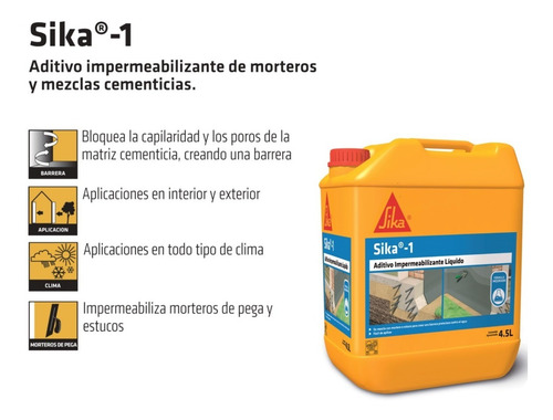 Imagen 2 de 8 de Sika 1 Aditivo Impermeabilizante De Mortero Estuco 4,5 Lt