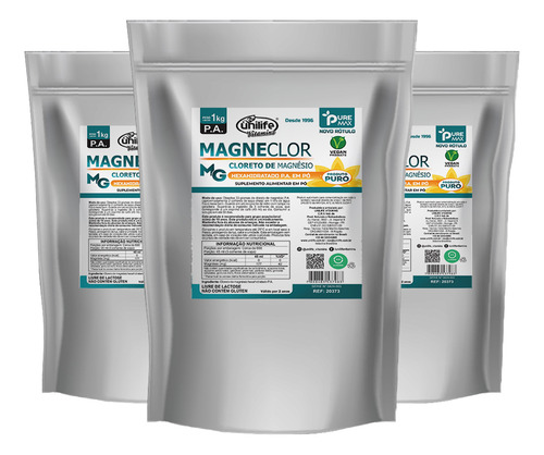 Kit 3 Magneclor Cloreto De Magnésio Unilife 1kg Sem Sabor
