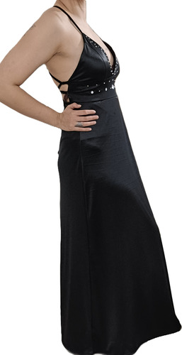 Vestido Negro Simil Raso De Fiesta Con Tajo 2 Seleccion