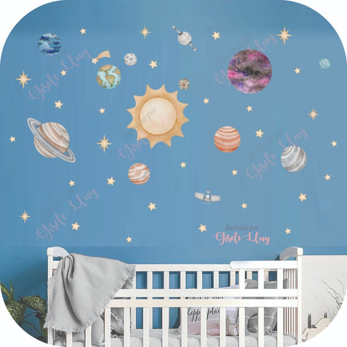 Vinilo Decorativo Infantil En Acuarela Sistema Solar Planeta