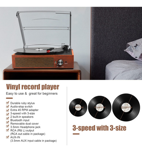 Tocadiscos Cotsoco, Tocadiscos, Bluetooth, Vinilo, Usb, 3 Ve