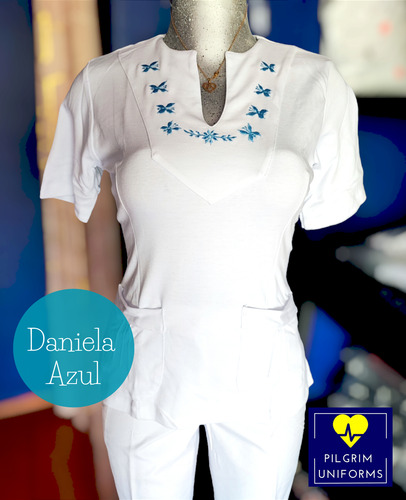Uniforme Blanco, Clinico, Enfermeria, Modelo Daniela Azul