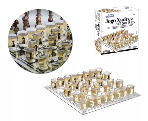 Jogo De Xadrez Shot Drink Tabuleiro De Vidro Tequila 25x25cm