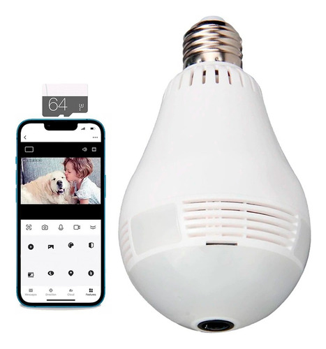 Bombillo De Luz Camara Wifi Ip Hogar Negocio + Memoria 64gb