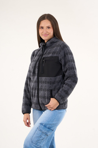 Poleron Polar Full Print Look Sherpa Con Gorro Gris Mujer Polemic