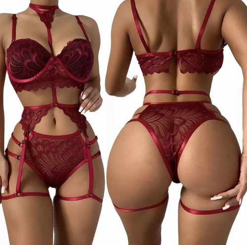 Conjunto Babydoll + Brasier + Tanga + Ligueros Lencería