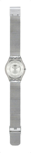 Reloj de pulsera Swatch Skin Metal knit de cuerpo color gris, analógico, para mujer, fondo plateado satinado, con correa de acero inoxidable color gris, agujas color plateado, dial gris, minutero/segundero negro y hebilla de gancho