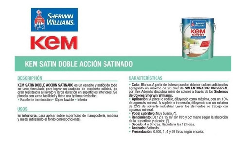 Pinturas Sherwin Williams Kem Satinado Da Blanco 1 Lt