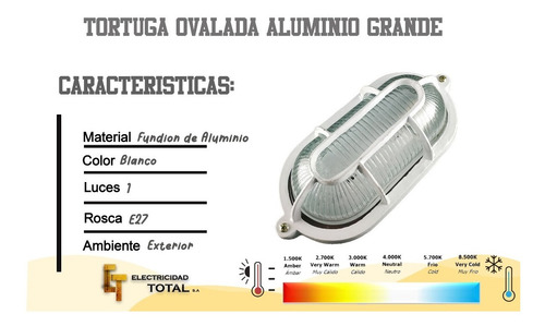 Imagen 4 de 10 de Aplique Tortuga Aluminio Ovalada Grande E27 Blanca /negra