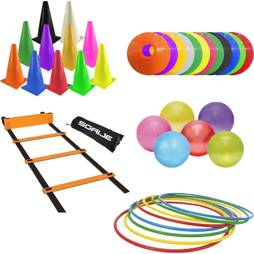 Kit 10 Conos + 10 Platos + 10 Aros + 10 Pelotas + Escalera