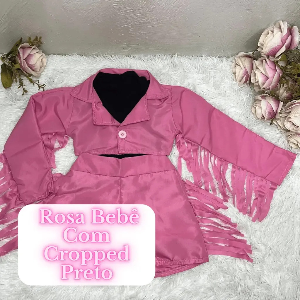 Conjunto Boiadeira Infantil Ana Castela com Blazer, Cropped e Shorts Rosa Bebê e Preto