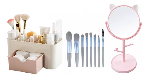 Set Organizador De Maquillaje + Espejo + 8 Pinceles LG