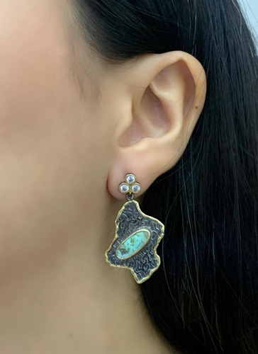 Imagen 3 de 3 de Aretes Plata Turca Con Oro Laminado 22k Con Piedra Turquesa