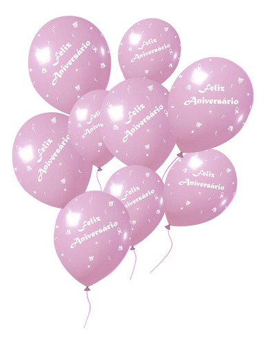 Balão Látex Feliz Aniversário Balões Joy 9pol 25und Cor Rosa Claro E Branco