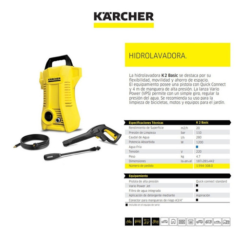 Imagen 3 de 4 de Hidrolavadora eléctrica Kärcher Home & Garden K2 Basic 16731540 de 1.4kW con 110bar de presión máxima 220V - 50Hz/60Hz